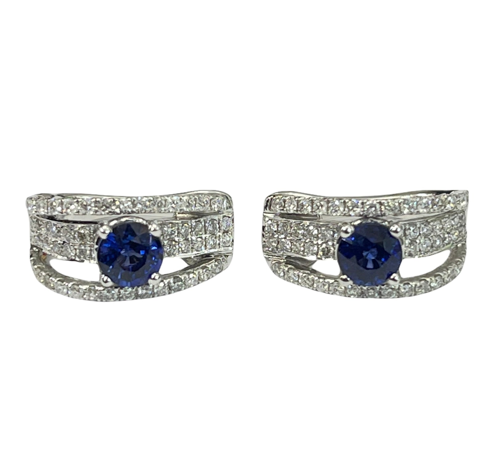 Blue Sapphire Diamond Huggie Earrings White Gold 18kt