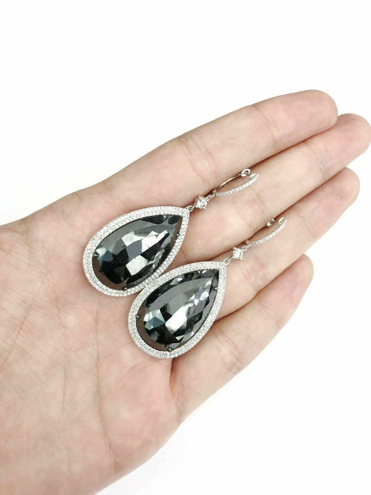 34.45 ct Black Pear Diamond Double Halo Dangle Drop Earrings in 14K White Gold