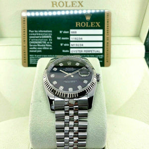 Rolex 36 MM Factory Diamond Datejust 18 Karat White Gold Steel Watch Ref #116234