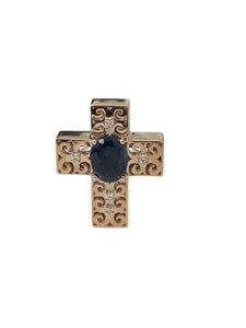 Cross Cube Diamond Pendant with Sapphire Gem Rose Gold 14kt