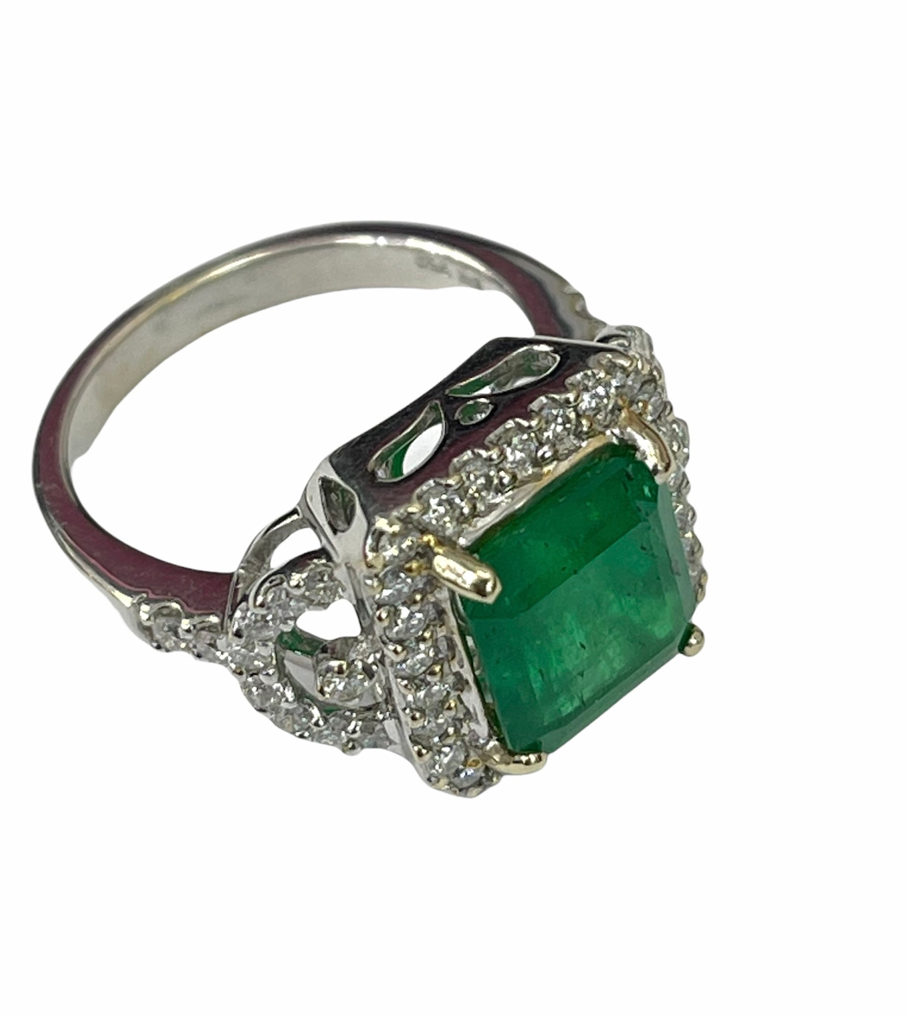 Square Columbian Emerald Diamond Ring White Gold 18kt