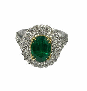 Columboan Oval Emerald Diamond Ring with Accents White Gold 18kt