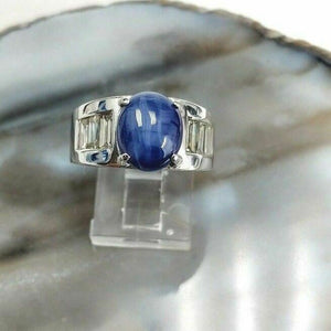 14k White Gold Star Sapphire Ring with Diamond Baguettes