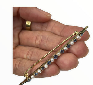 Women's Pin Pearl And Sapphire Yellow Gold 14kt