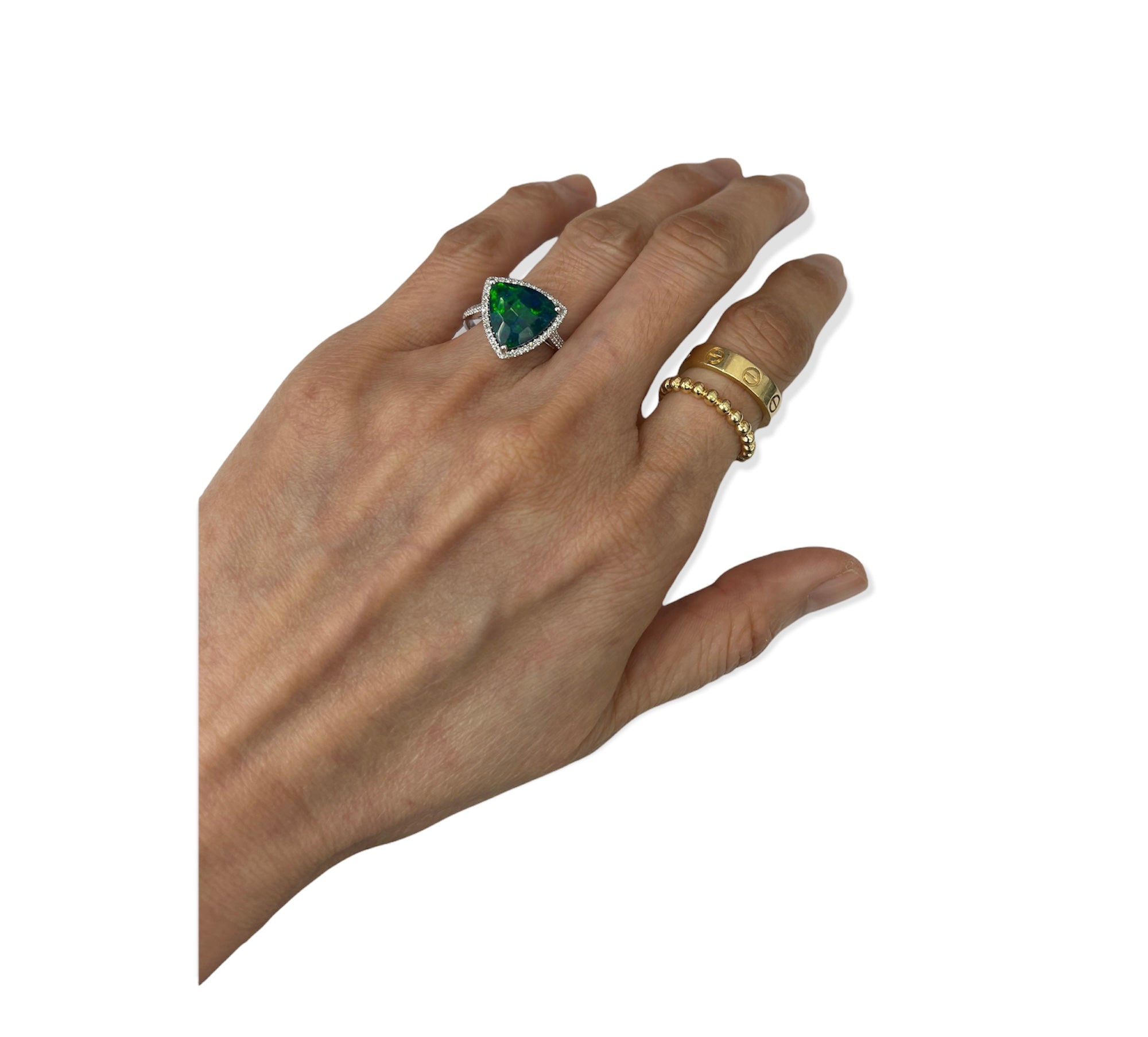 Opal Gem Trillion Cut Halo Diamond Ring White Gold 14kt