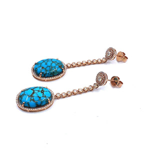 13.33 CARATS DIAMOND AND OVAL SHAPE TURQUOISE DANGLING EARRINGS IN 14K ROSE GOLD