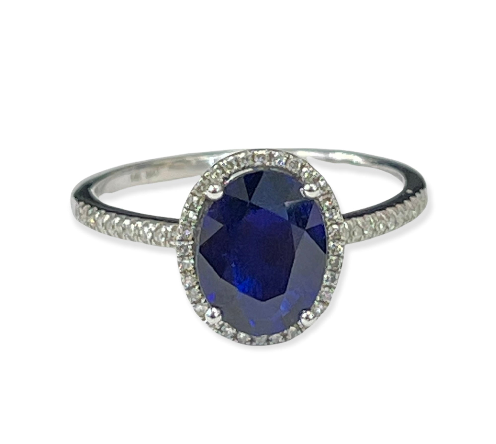 Blue Sapphire Oval Halo Diamond Ring White Gold 14KT
