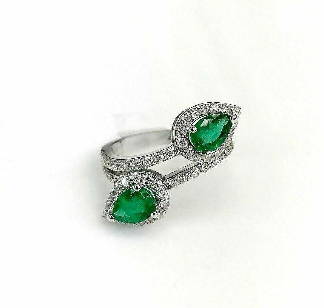 2.39 Carats t.w. Diamond and Natural Emerald Bypass Ring 14K White Gold