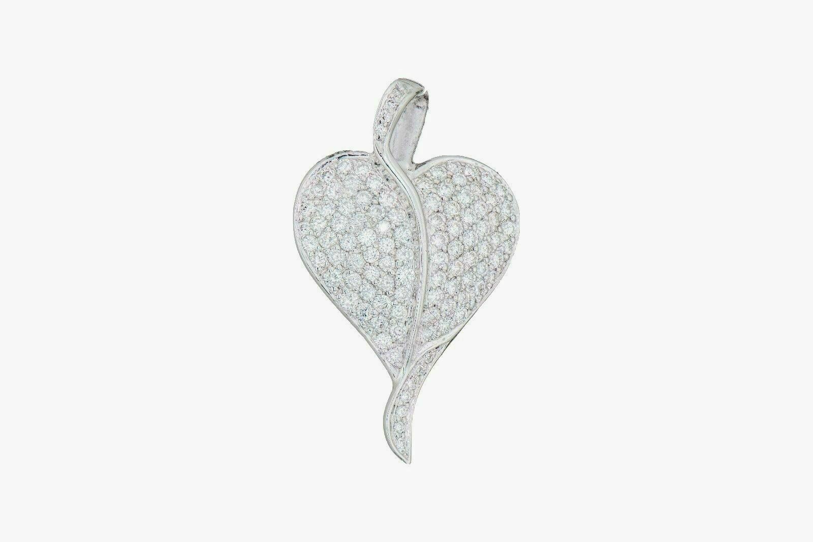 2.15 Carats Micro Pave Diamond Heart Pendant 14K White Gold 1.50 x 0.90 Inch