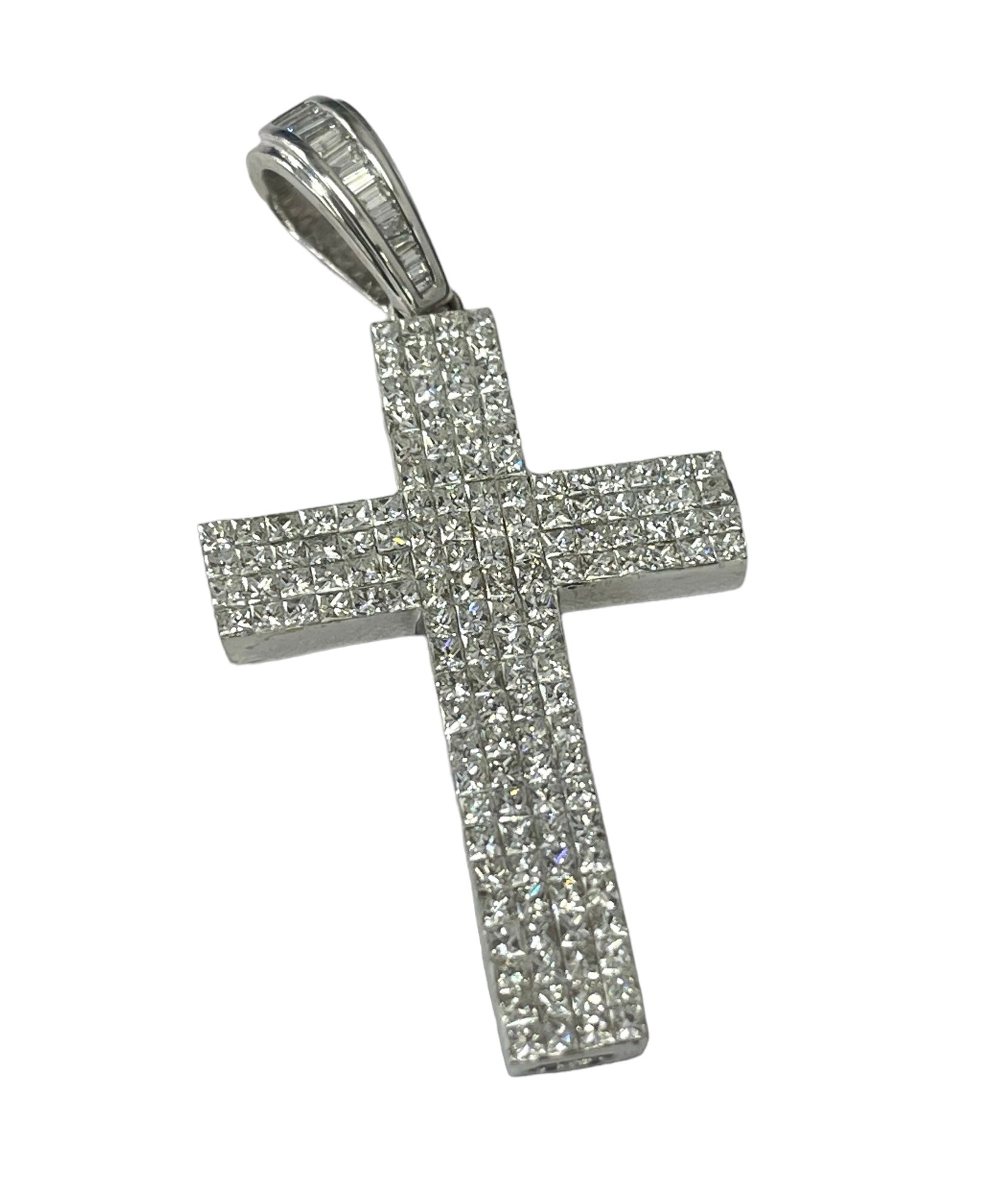 Princess Cut Cluster Diamond Cross Pendant White Gold 14kt