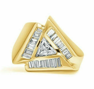 1.75 TCW Trillion White Diamond with Baguette Sides 14k Yellow Gold Ring sz 6.5