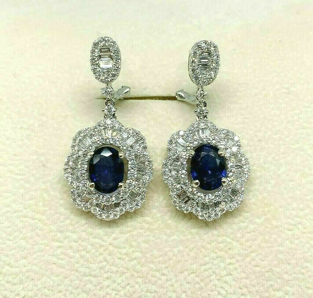 5.47 Carats t.w. Diamond and Blue Sapphire Dangle Chandelier Earrings 18K Gold