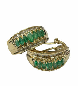 Emerald Gem With Round Brilliants Diamond Huggie Earrings 14kt