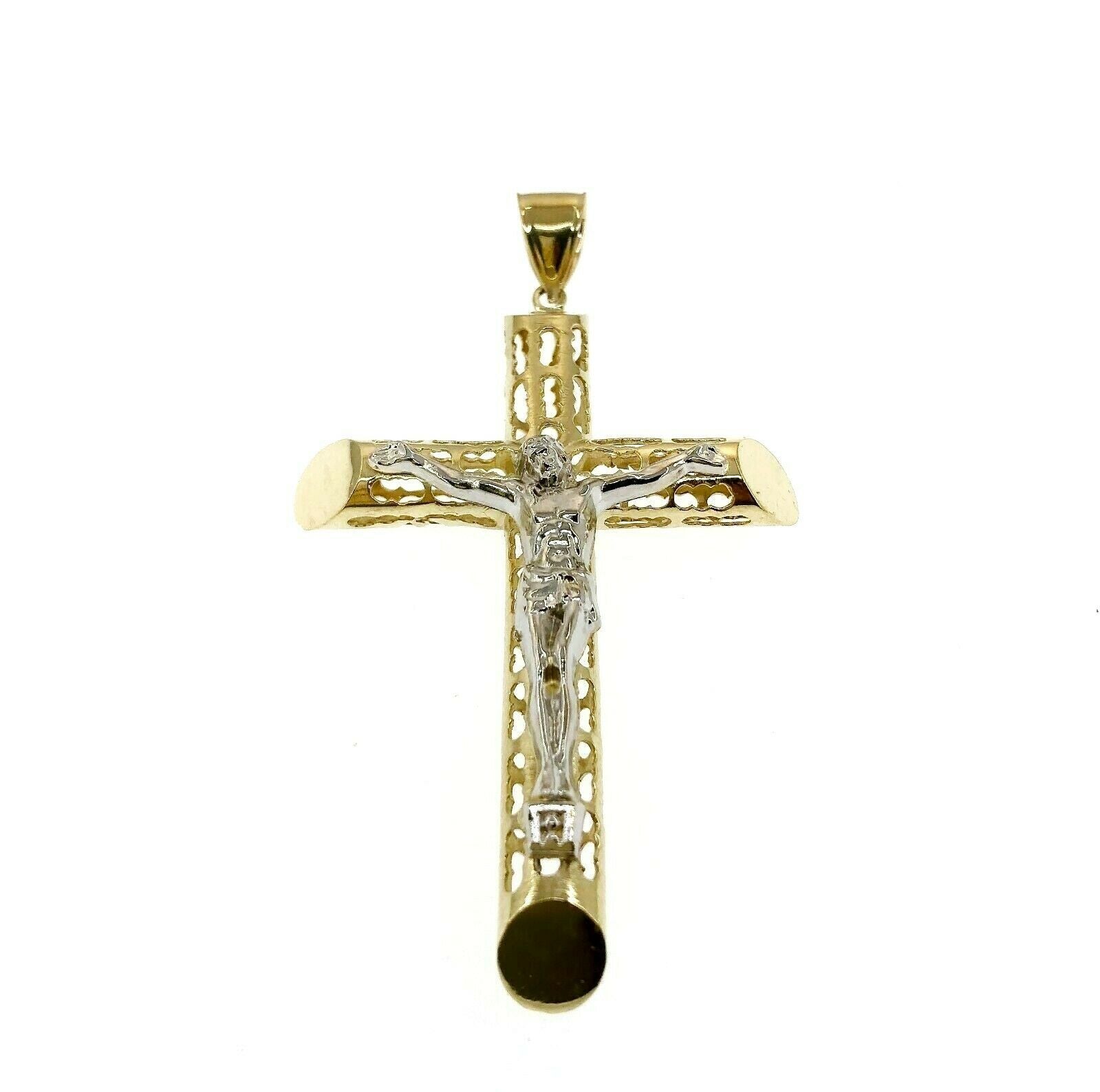 Custom Made Crucifix Cross Pendant Solid 14K Two Tone Gold 3.50 x 2.10 Inches