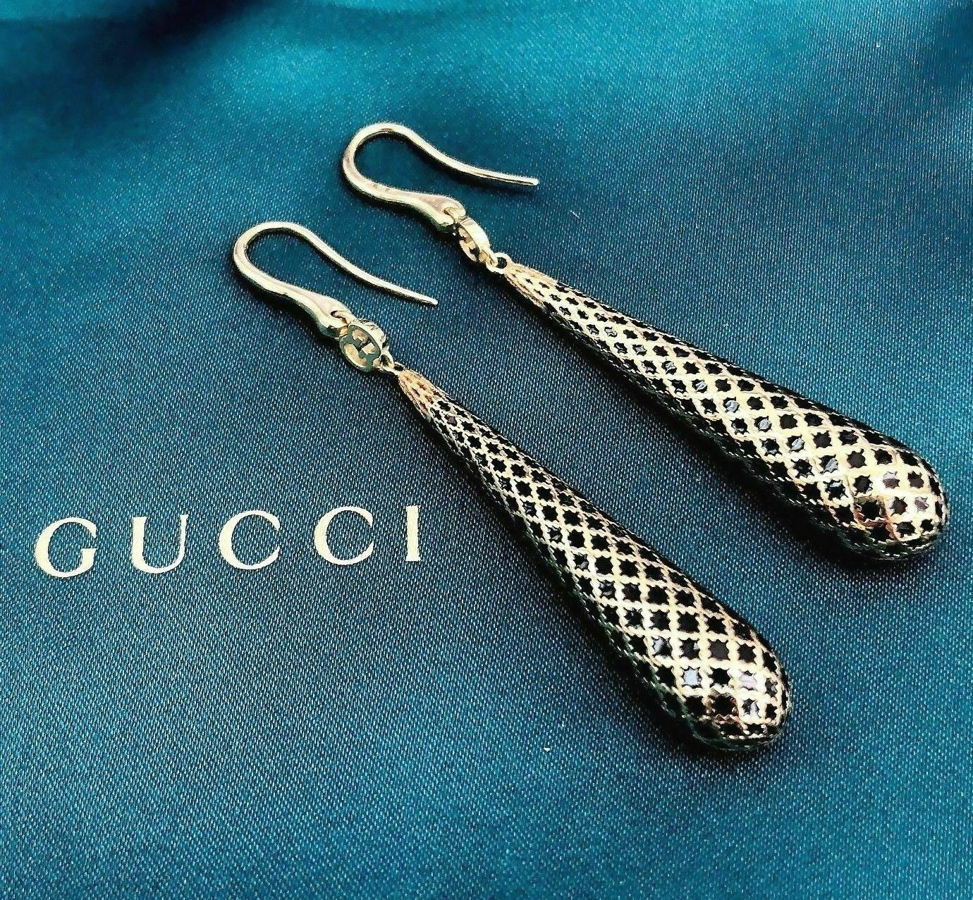 GUCCI Italian Made 18K Yellow Gold Diamantissima Black Enamel Drop Earrings