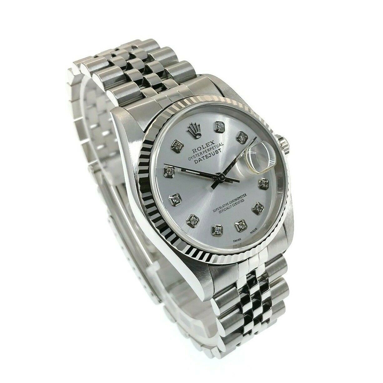 Rolex 36 MM Factory Diamond Datejust 18 Karat White Gold Steel Watch Ref # 16234