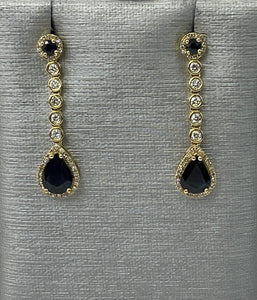 Sapphire Gem Pear Diamond Drop Earrings Yellow Gold 14kt