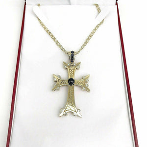 2.02 Carats Custom Made Sapphire & Diamond Cross Pendant 14K Gold 2.75 x 1.50 IN