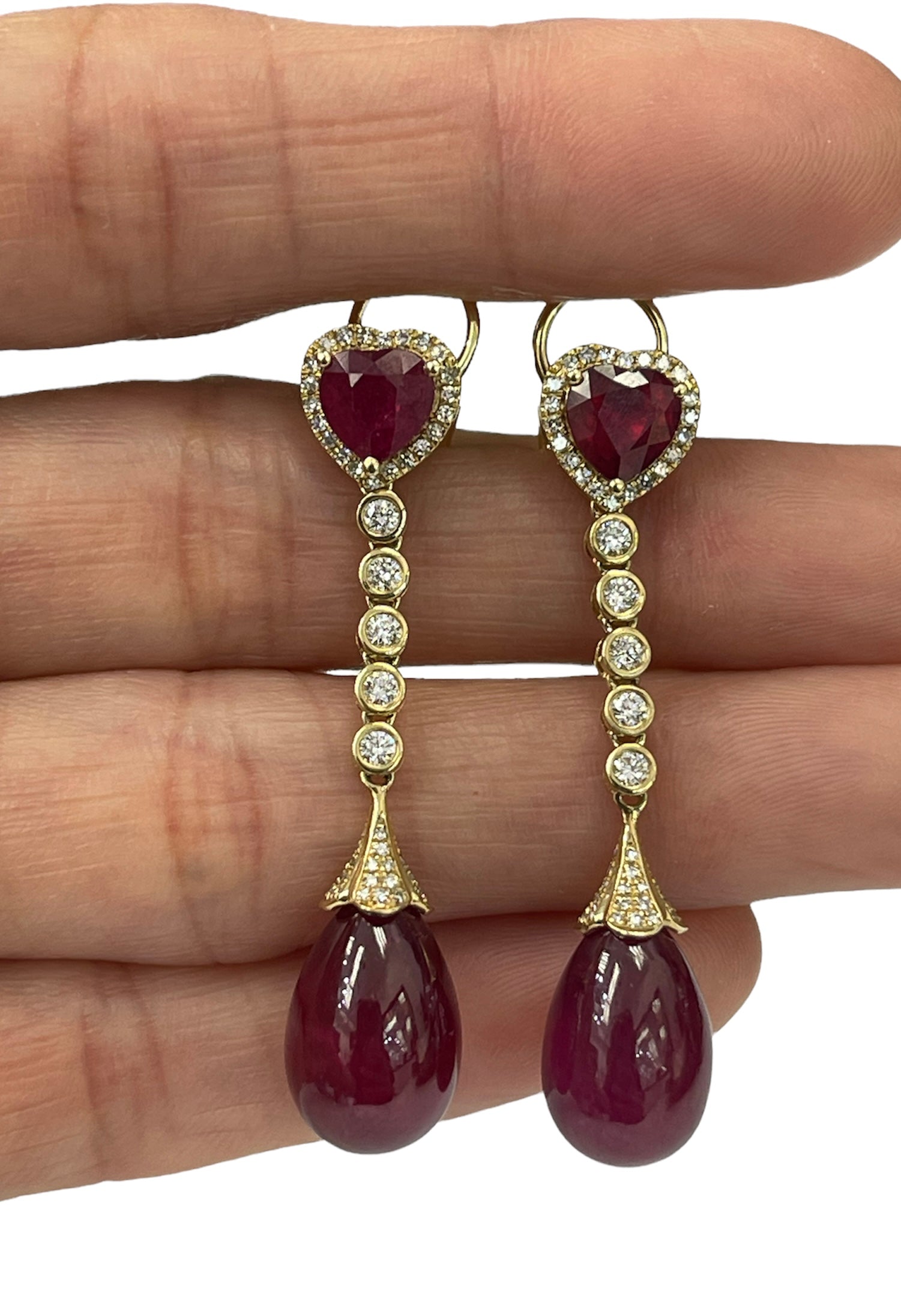 Ruby Gem Round Brilliants Diamond Dangling Earrings Yellow Gold 14kt