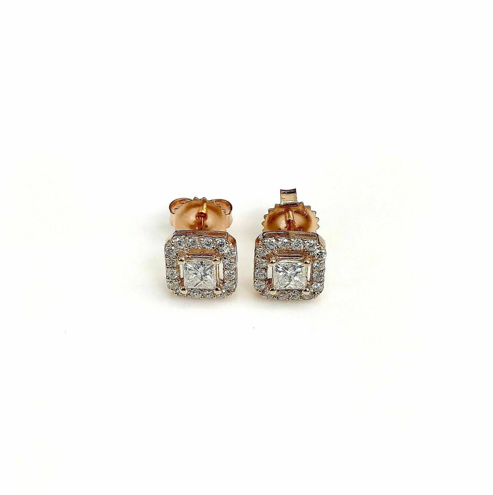 0.85 Carats t.w. Princess and Round Diamond Halo Earrings 14K Pink Rose Gold New