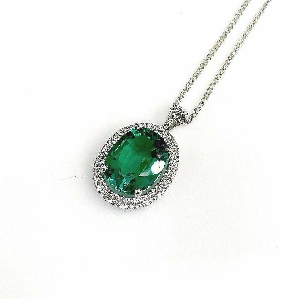 8.38 TCW Natural Oval Green Chatham & Diamond Accents Pendant 14k White Gold