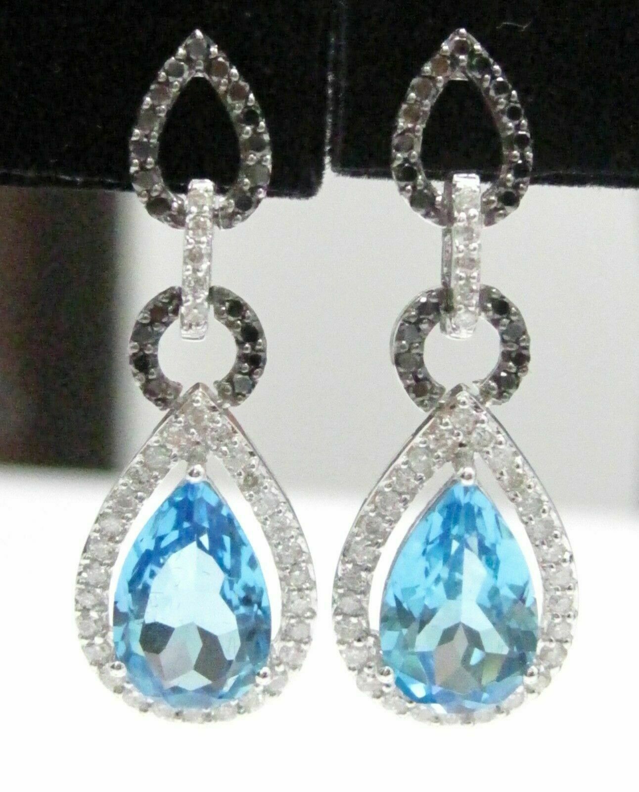 10.36 TCW Natural Pear Blue Topaz Black Diamonds Dangling Earrings 14k WG
