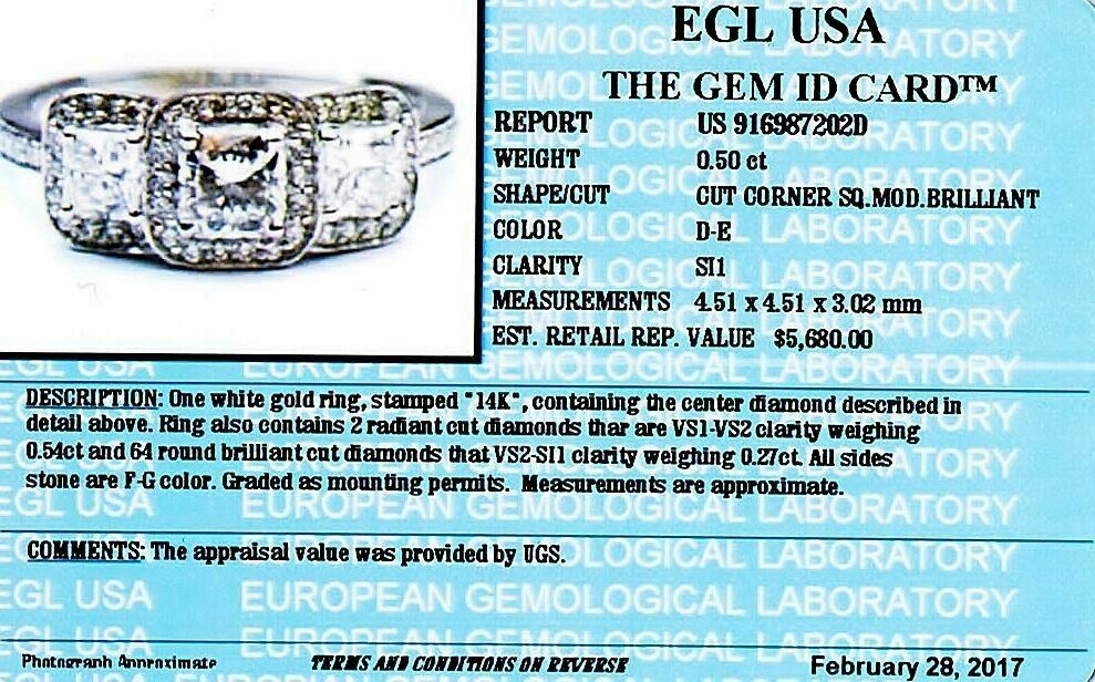 1.31Cts 3 Stone Radiant Cut Diamond Halo Engagement Ring EGL USA Cert 14k White