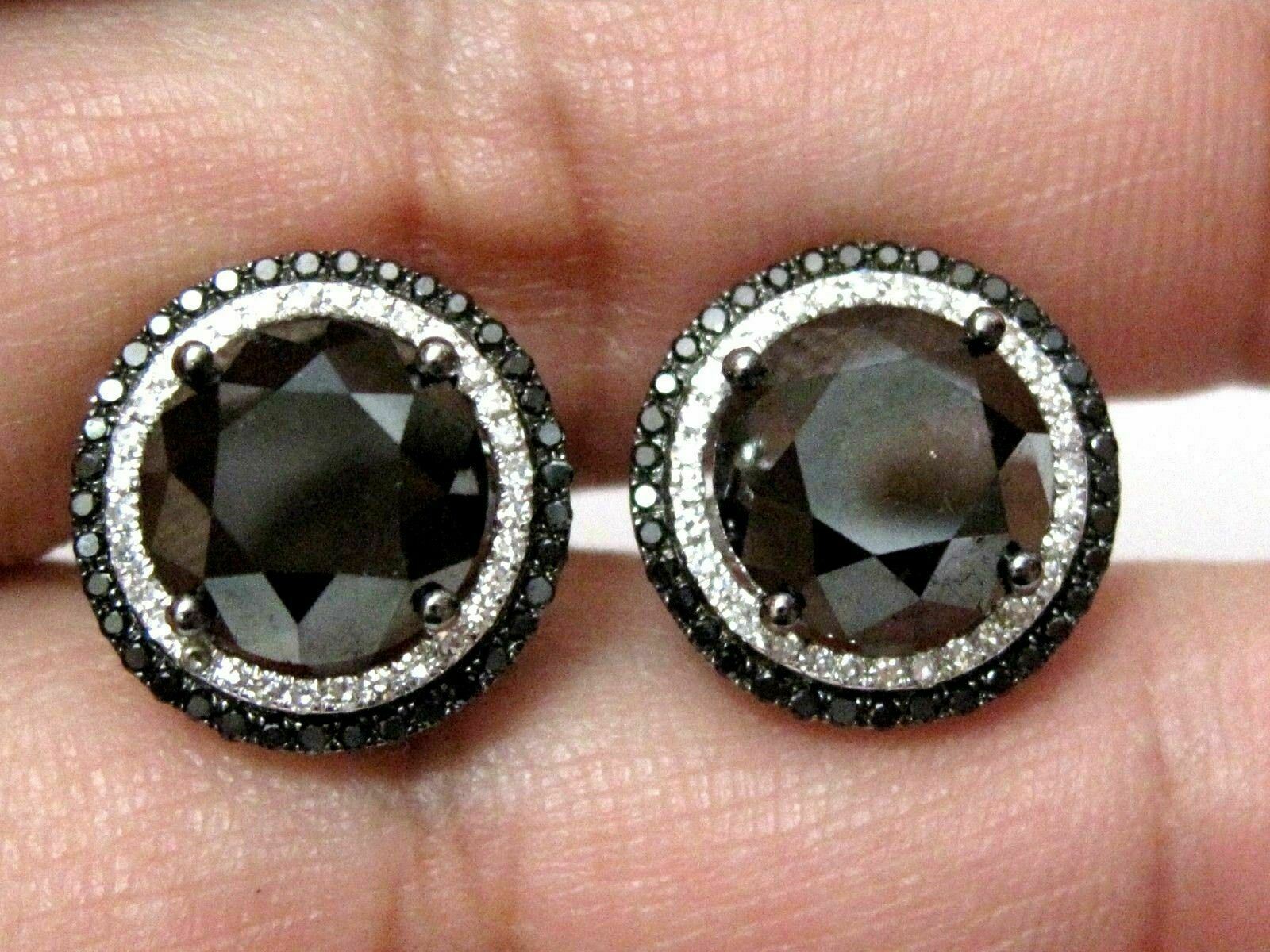10.70 TCW Natural Round Black Diamond Stud Earrings 18k White Gold Not Enhanced
