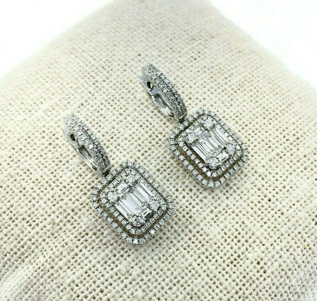 1.45 Carats Invisible Baguette and Round Diamond Halo Earrings 18K White Gold