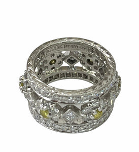 Floral Fancy Yellow Round Brilliants Wide Diamond Ring Platinum