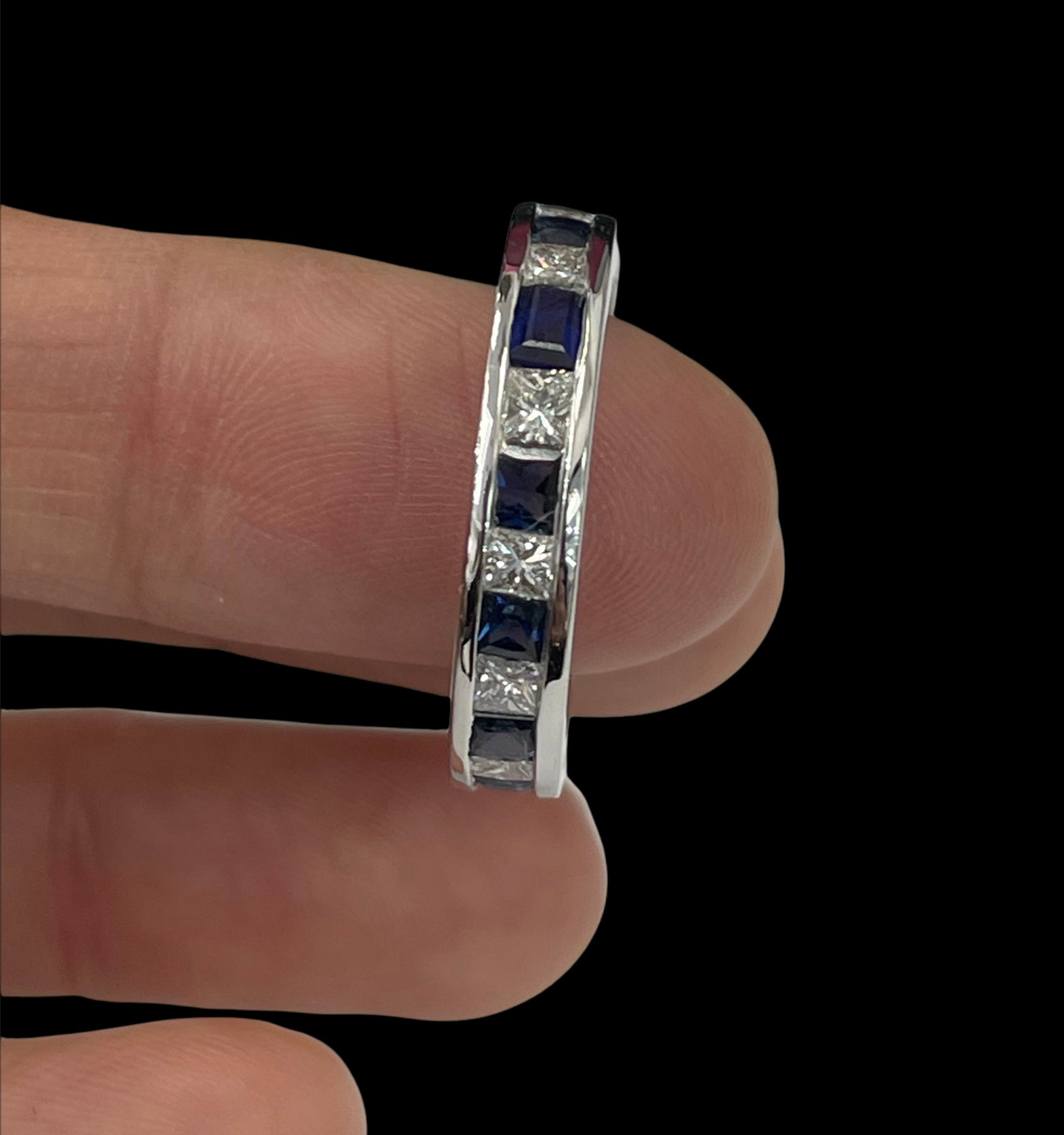 Princess Cut Sapphire Gem and Diamond Ring Band Size 7