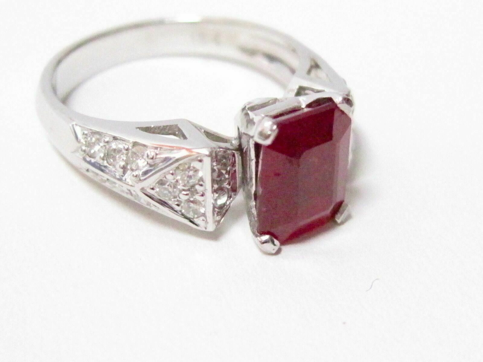 Radiant Red Ruby & Diamond Accents Solitaire Ring Size 7 14k White Gold