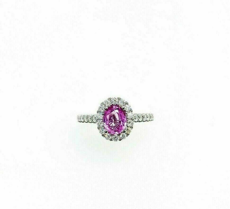1.63 Carats t.w. Diamond and Pink Sapphire Halo Wedding/ Anniversary Ring 18K