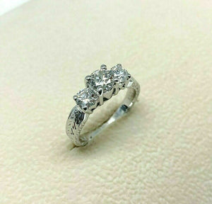 1.14 Carats 3 Stone Round Brilliant Cut Diamond Wedding Ring w Engraving 14K