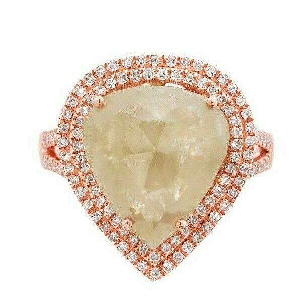 6.89Ct Pear Shape Rustic/Raw Green Diamond Cocktail Ring Size 6.5 14k Rose Gold