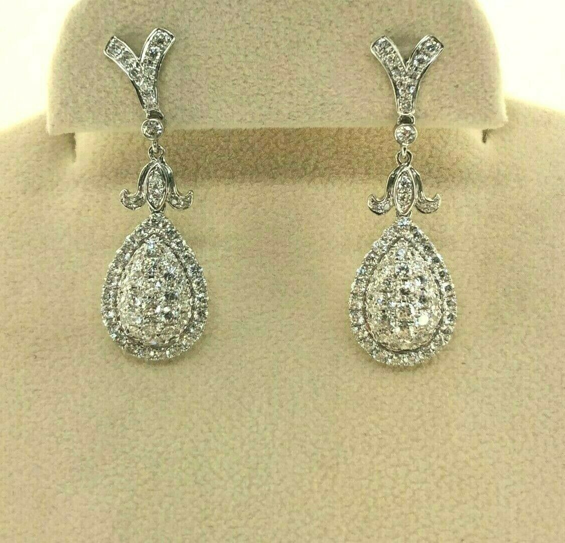 3.72 Carats Pave Set Round Diamond Halo Earrings 18K White Gold 1.30 Inch Drop
