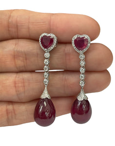 Ruby Gem Round Brilliants Diamond Dangling Earrings White Gold 14kt