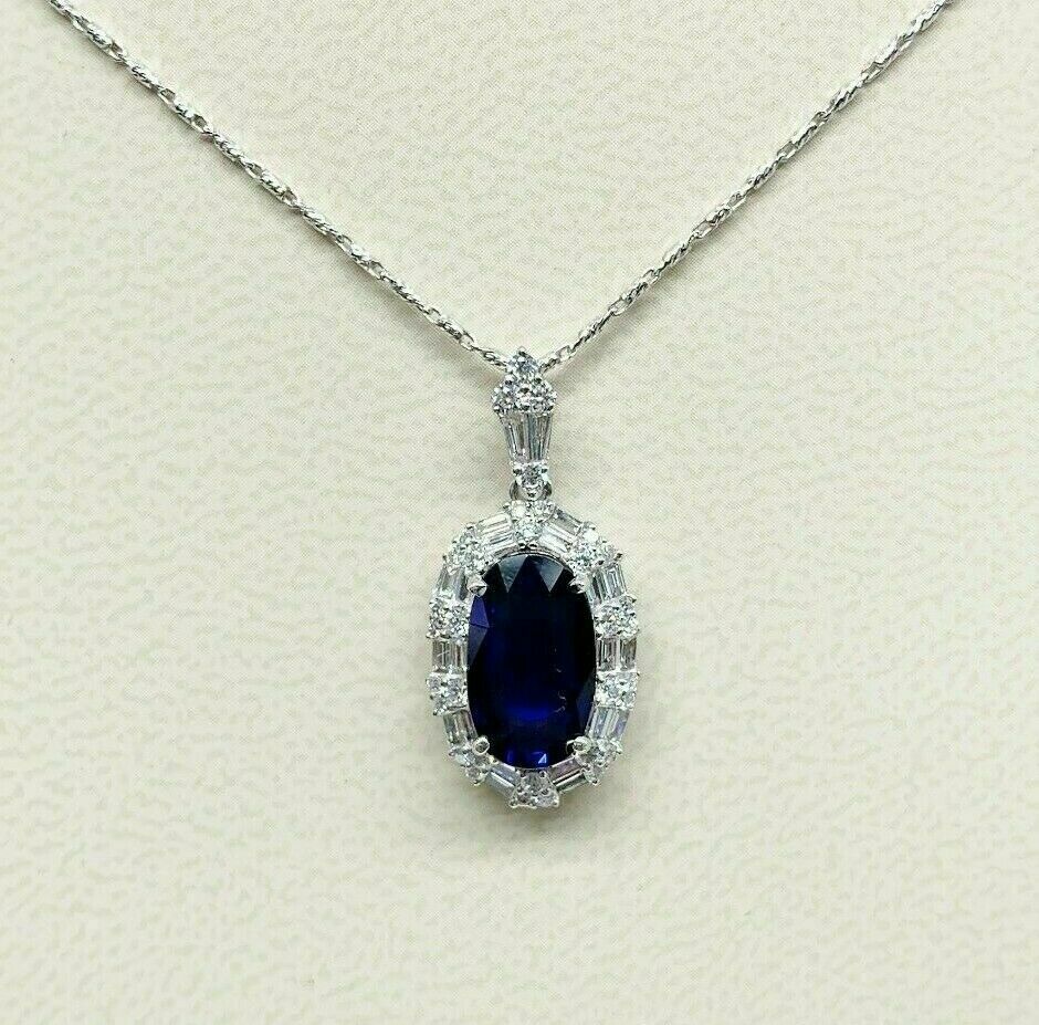 3.70 Carats t.w. Blue Sapphire and Diamond Pendant 18K Gold Pendant w 14K Chain