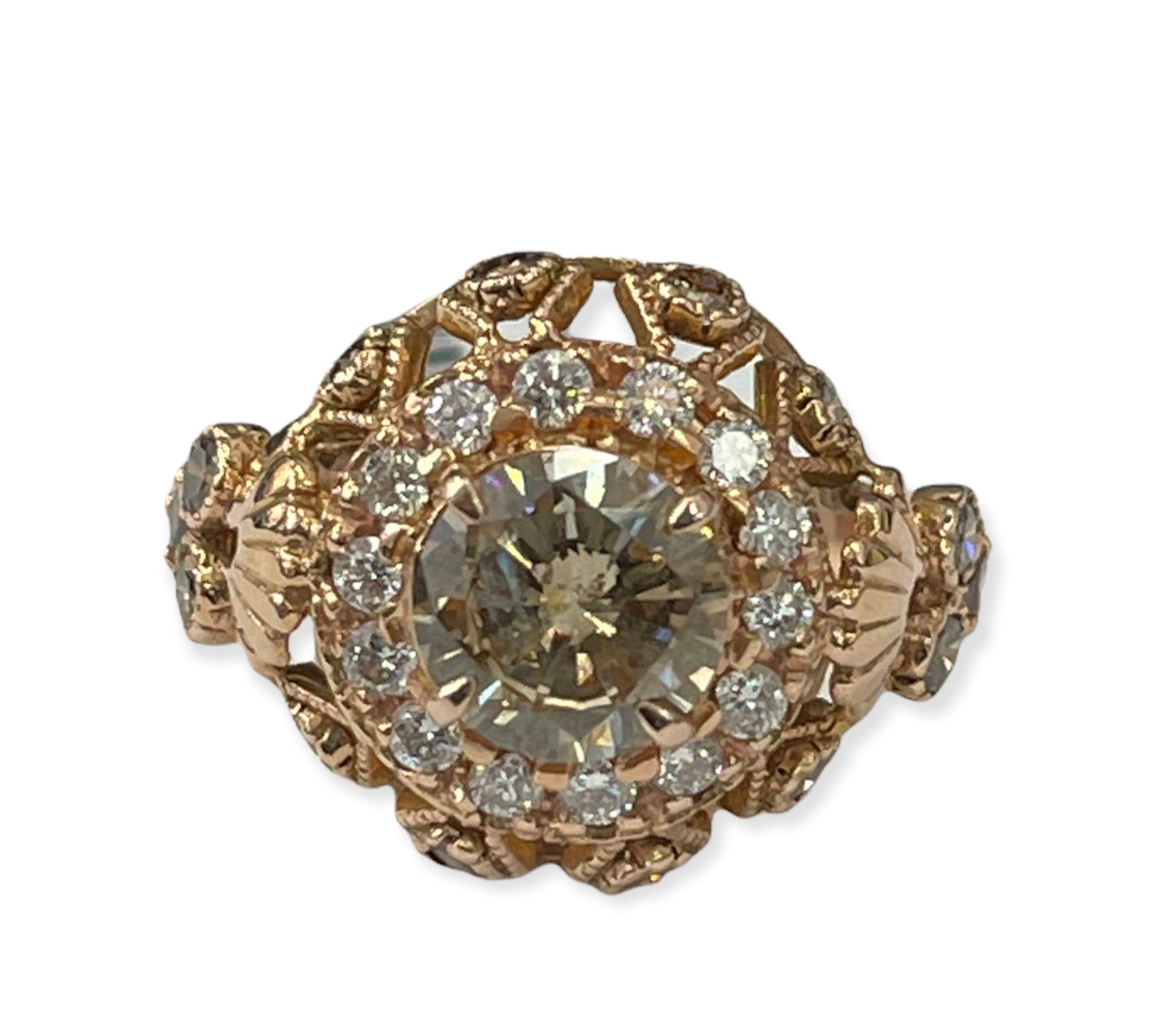 Natural Light Brown Diamond Art Deco Ring Rose Gold 14kt