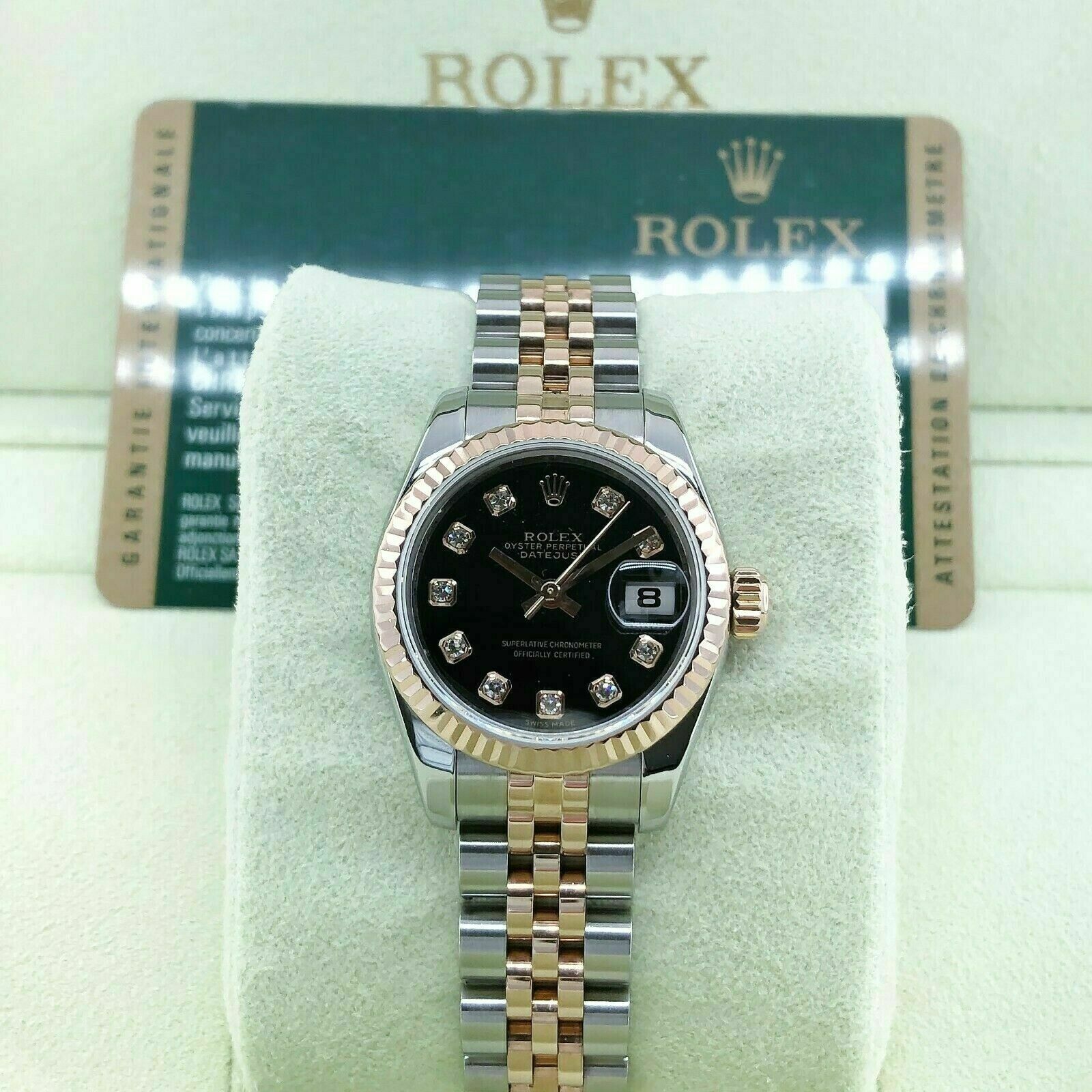 ROLEX LADY DATEJUST 18KY GOLD & STEEL GREEN DIAMOND DIAL FLUTED 26MM WATCH