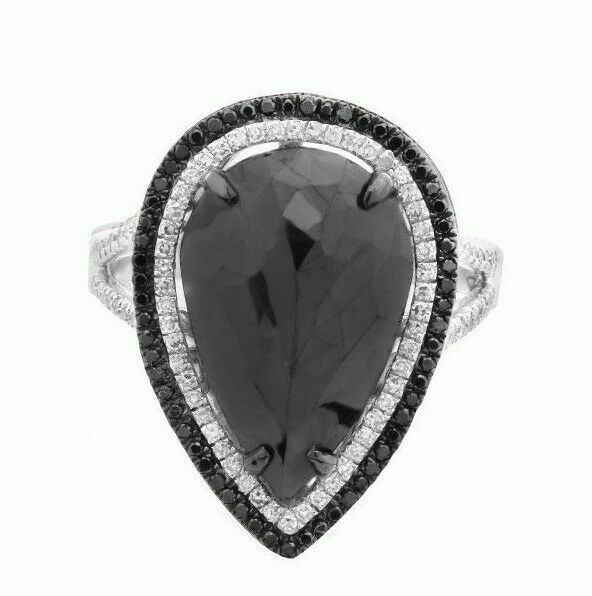 5.77Ct Rose Cut Pear Black Diamond Center Double Halo Split Shank Cocktail Ring