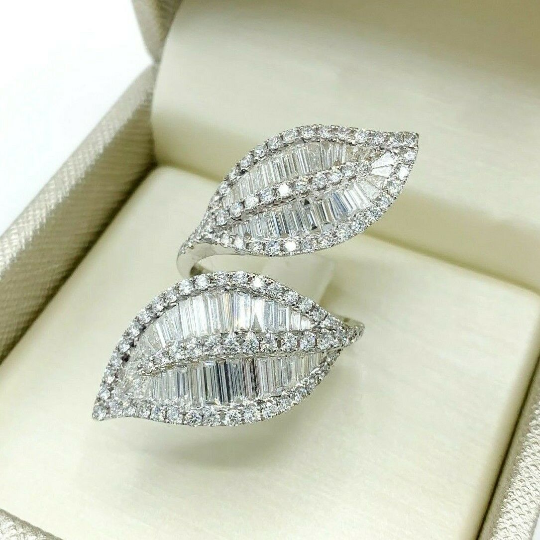 3.60 Carats Baguette & Round Diamond Double Leaves Ring1.60 Inch Length 18K Gold