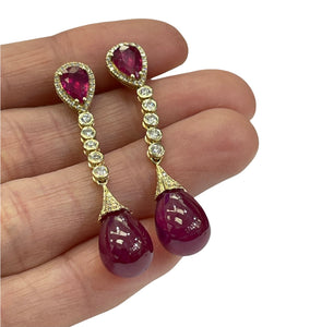 Ruby Gem Drop Dangling Diamond Earrings Yellow Gold
