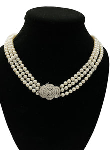 Three Strands White Pearl Diamond Pendant Necklace