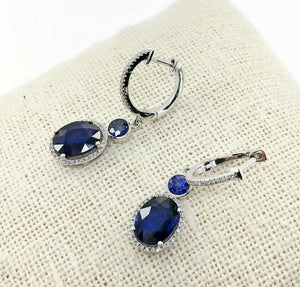 Fine 4.24 Carats t.w. Diamond and Blue Sapphire Halo Dangle Earrings 14K Gold