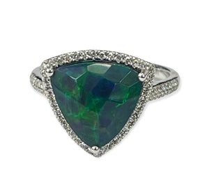Opal Gem Trillion Cut Halo Diamond Ring White Gold 14kt