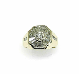 3.60 Carats Round and Baguette Diamond Signet Mens Ring 14K Yellow Gold 14 Grams
