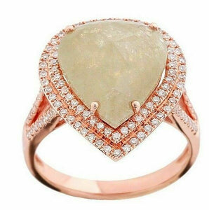6.89Ct Pear Shape Rustic/Raw Green Diamond Cocktail Ring Size 6.5 14k Rose Gold