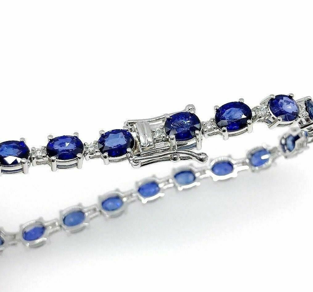 14.50 Carats Blue Sapphire and Diamond Tennis Bracelet 18K White Gold