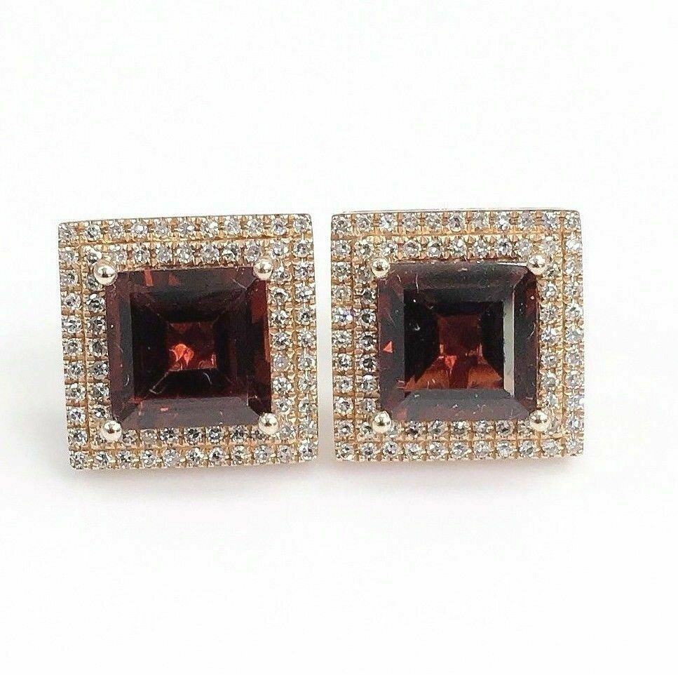 4.34 Carats t.w. Garnet and Diamond Double Halo Stud Earrings 14K Rose Gold New